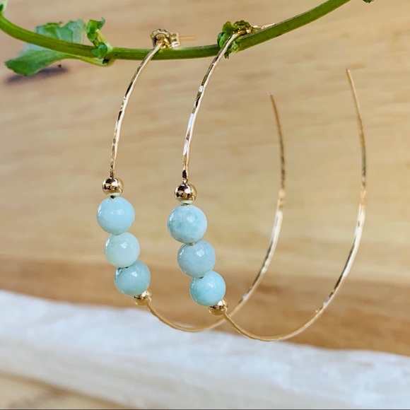 Handmade Jewelry - Larimar Hammered Hoop Earrings 14K Gold Filled 925